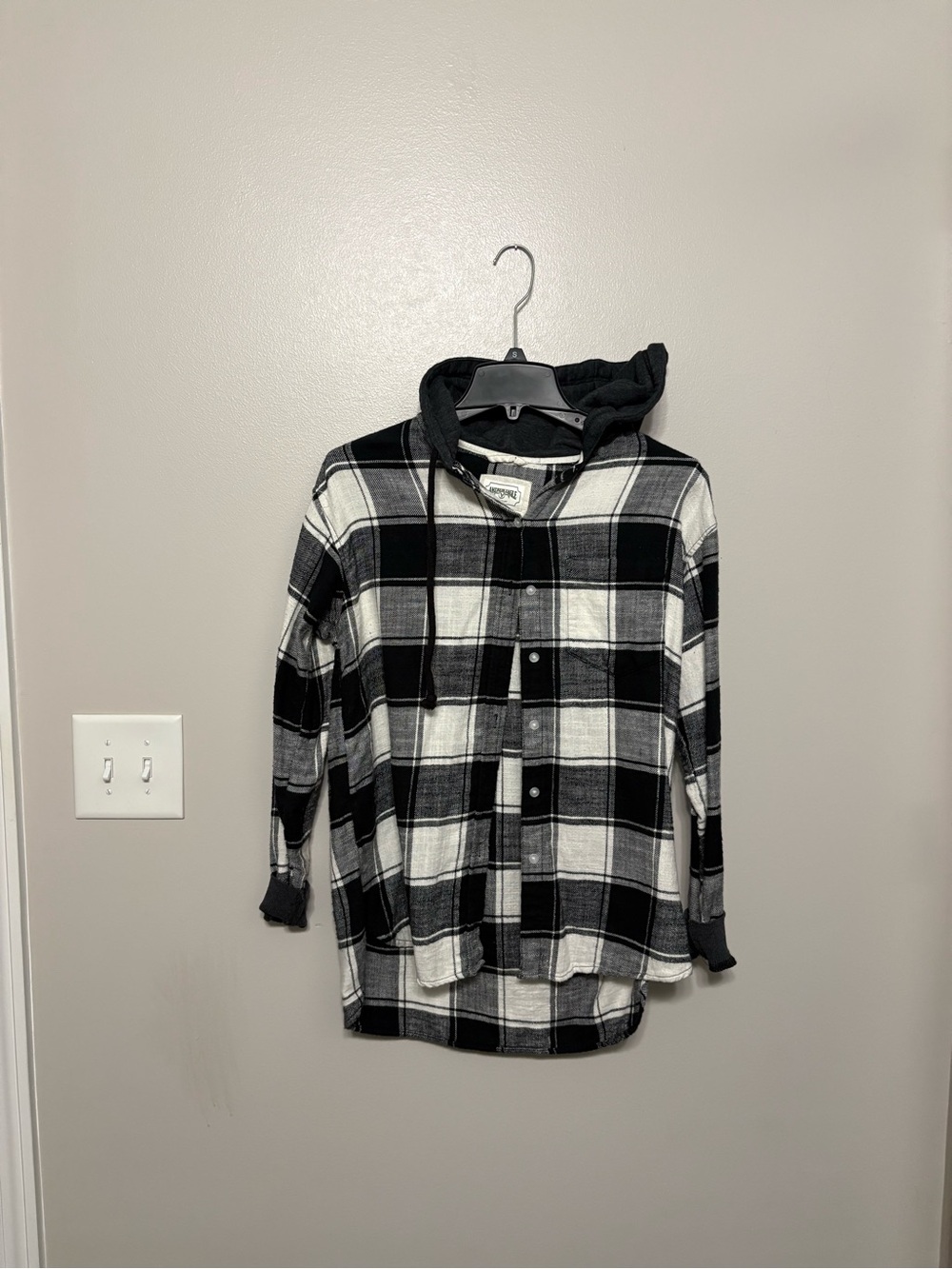 Black & White Plaid Hooded Button-Up Shirt